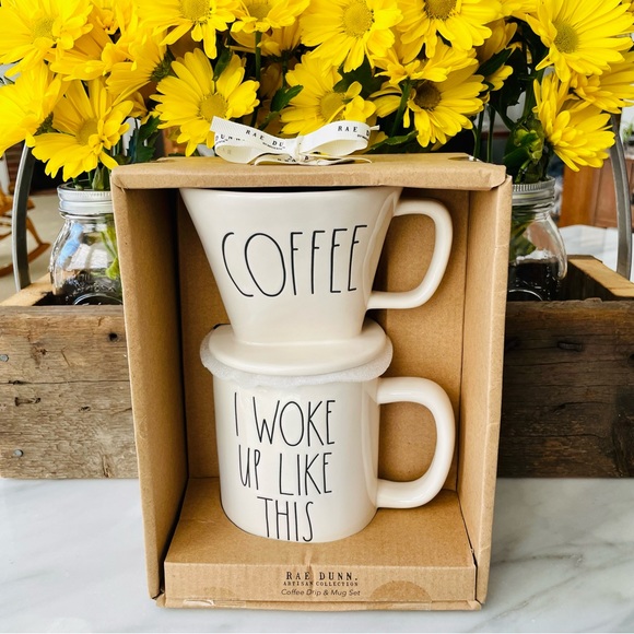 Rae Dunn•NIB•19.5 oz “I Wake Up Like This” Mug/“COFFEE”Pour Over/Drip Cone•White - Picture 2 of 9